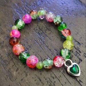 Handmade, crackled glass & ceramic bead Bracelet with beautiful 💚charm